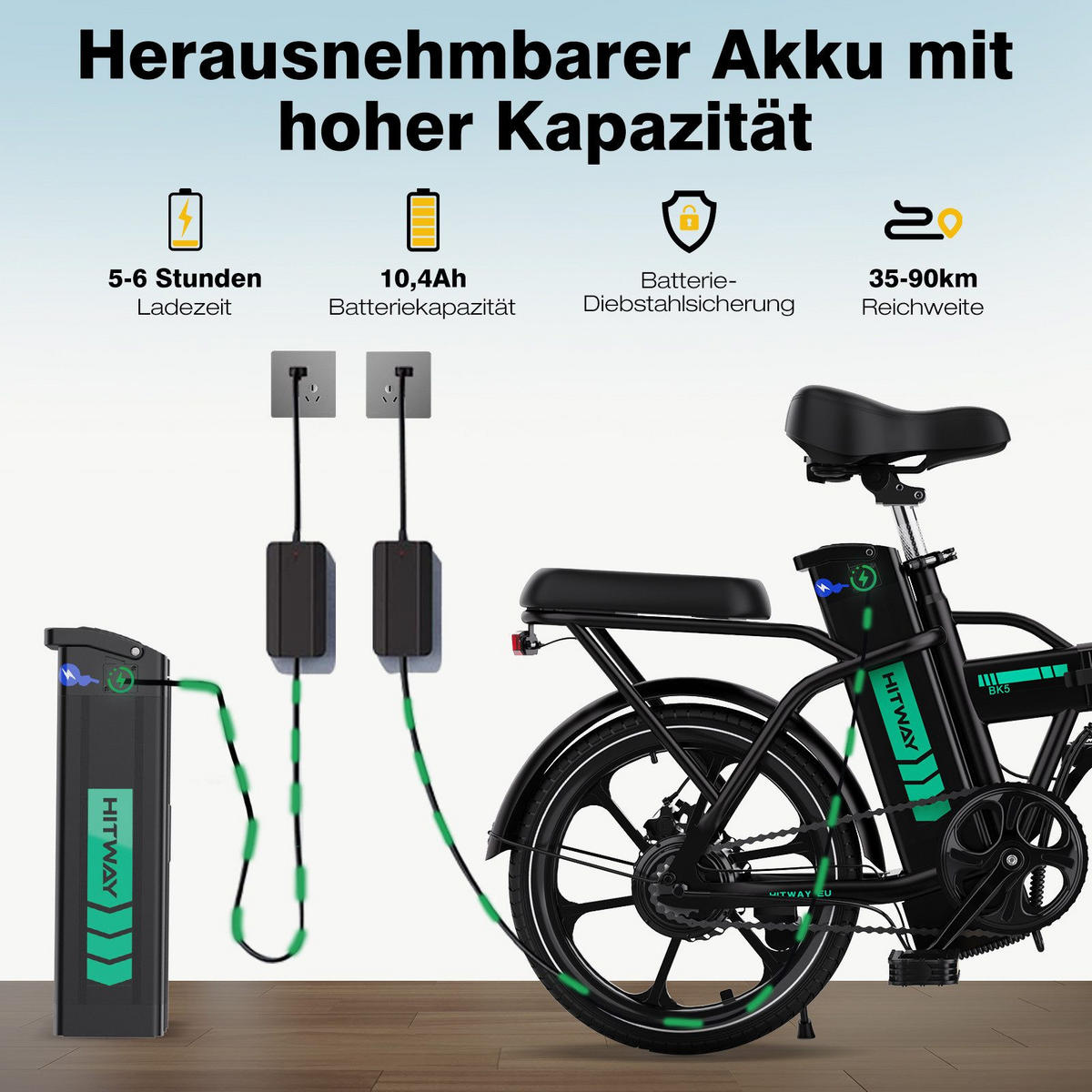 E BIKE Klapprad BK5S Leicht & Kompakt für Stadt & Bahn - 85% vormontiert mit 36Vh/10,4Ah abnehmbarer Akku - Schwarz, Metall (37cm) - HITWAY