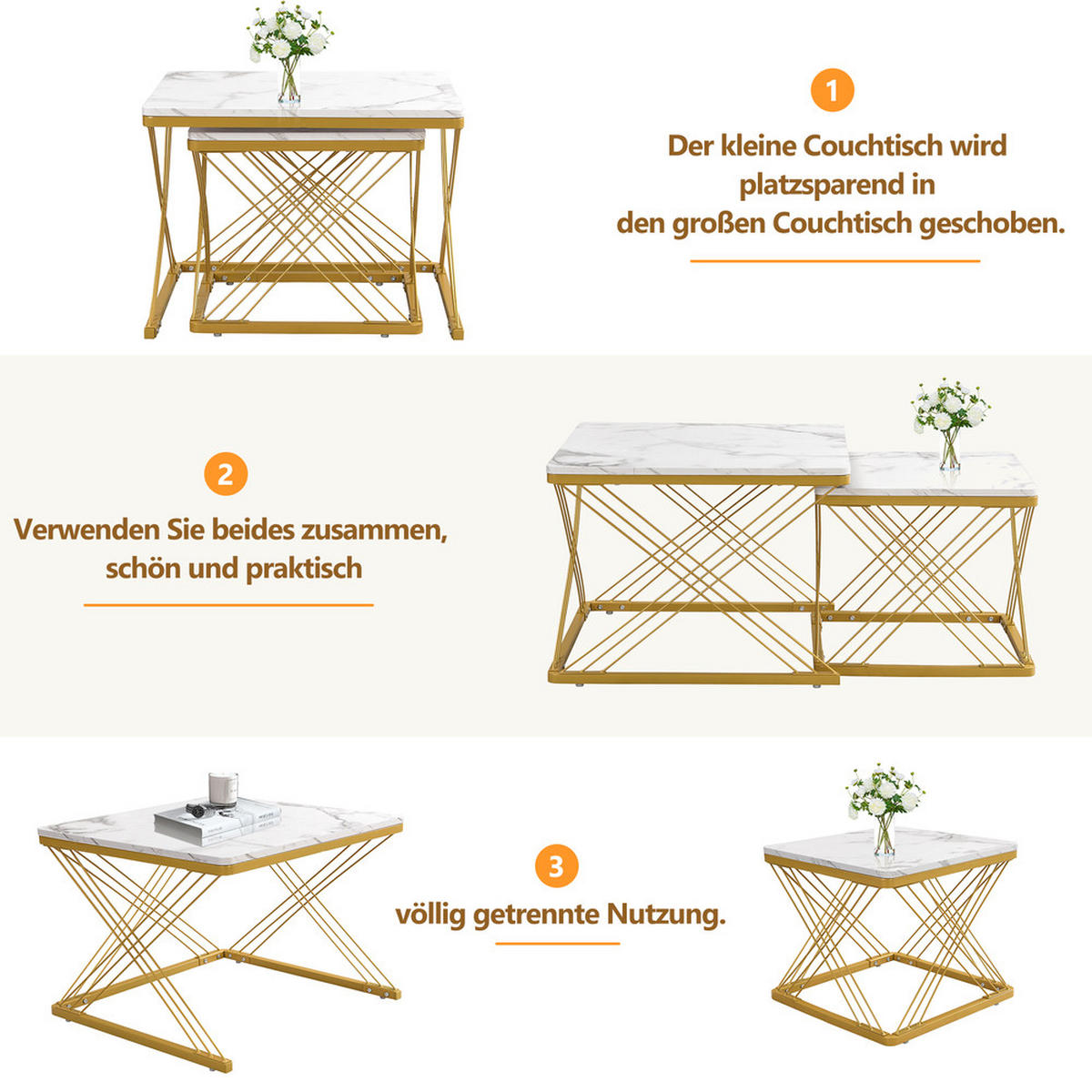 COUCHTISCH Set 2-tlg Quadratisch Hochglanz Marmoroptik Höhenverstellbar 30kg - Weiß, Holz (81.99/70/17.5cm) - FLIEKS