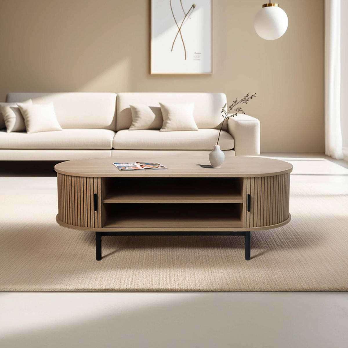 COUCHTISCH, Beigefarbe - Beige, Holz (120/55/42.5cm) - Oviala