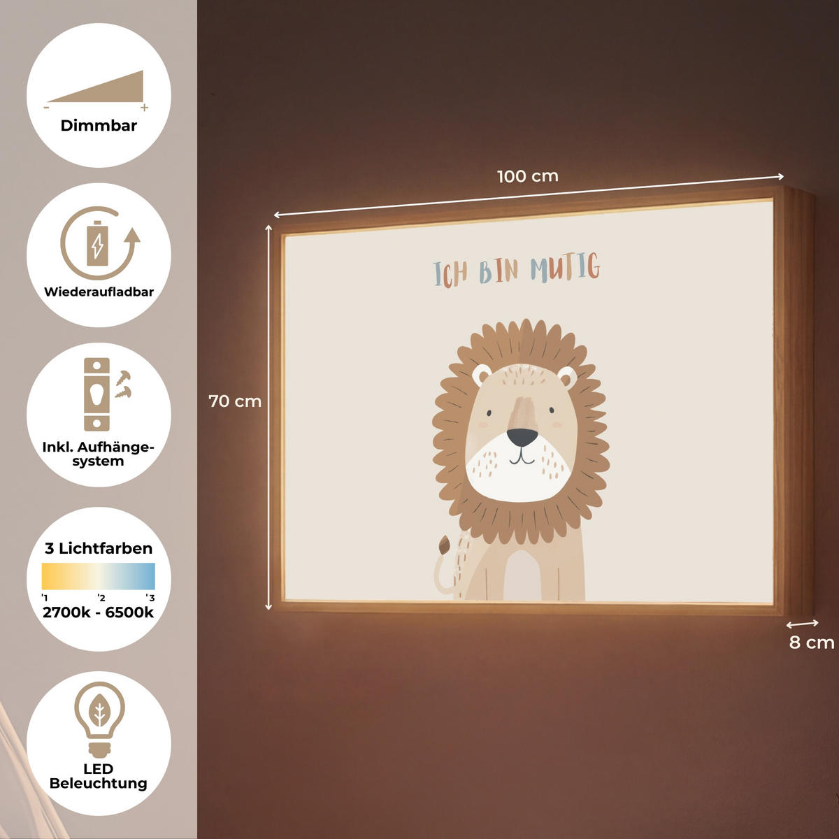 NACHTTISCHLAMPE MIT AKKU Löwe - Beige - Tier - Mutig - Zitat 100x70 cm - Beige, Holzwerkstoff (8/100/70cm) - OnlyWow