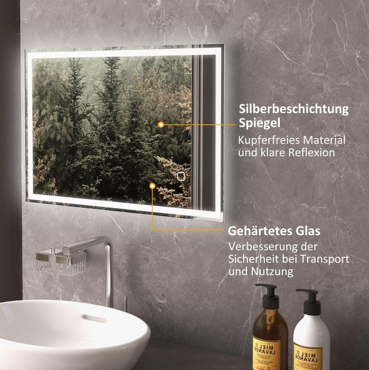 WANDSPIEGEL 70/50/4 cm silber aus Glas mit LED und Anti-Beschlag - Silberfarben, Glas (50/4/70cm) - OKWISH