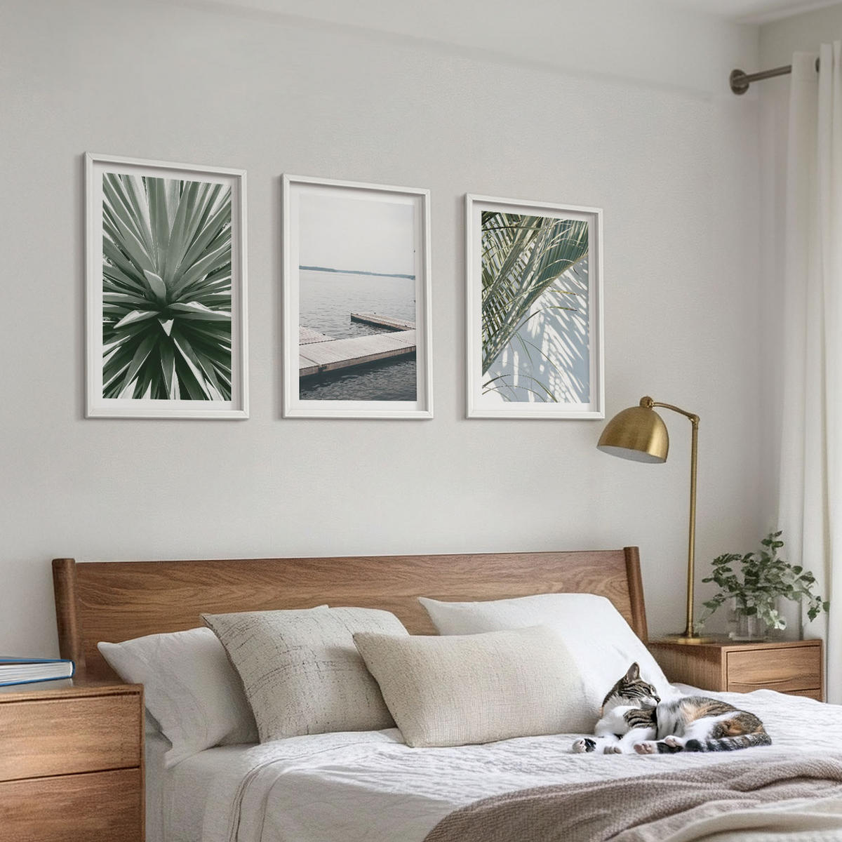 WANDBILDER 3er-Set - 40x60 cm Weißer Rahmen - Palmenblätter-Holzbrücke - Weiß, Kunststoff (40/60cm) - ArtPrintCave