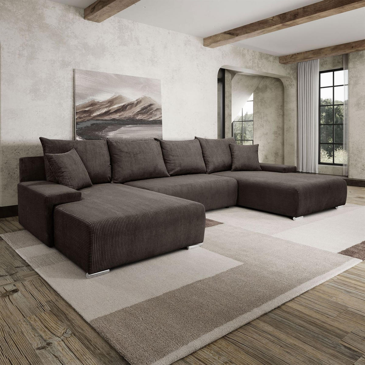 WOHNLANDSCHAFT LAVIO U mit Schlaffunktion und Bettkasten - Graphitfarben, Textil (348/93/188cm) - Lookway