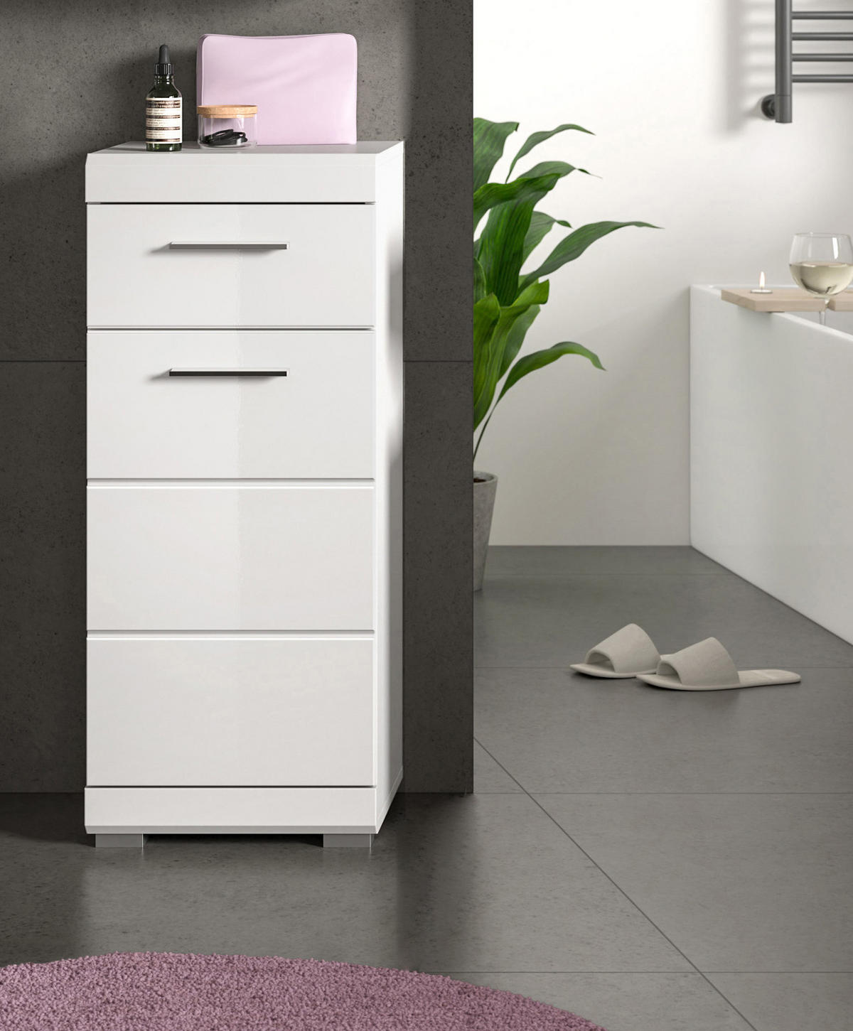 BADKOMMODE weiß Hochglanz 37 x 88 cm, Badschrank Türanschlag wechselbar - Weiß Hochglanz/Silberfarben, Holzwerkstoff/Kunststoff (37/88/31cm) - Inn.Furn