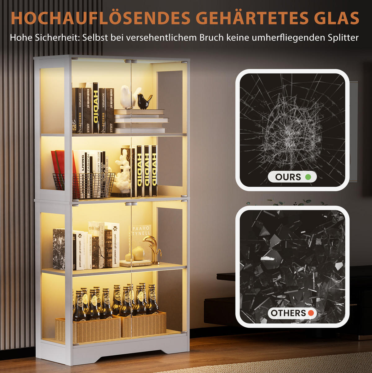 VITRINE 80/35/165 cm in Weiß mit LED-Beleuchtung und Glastüren - Weiß, Holzwerkstoff (80/165/35cm) - Flora Grace