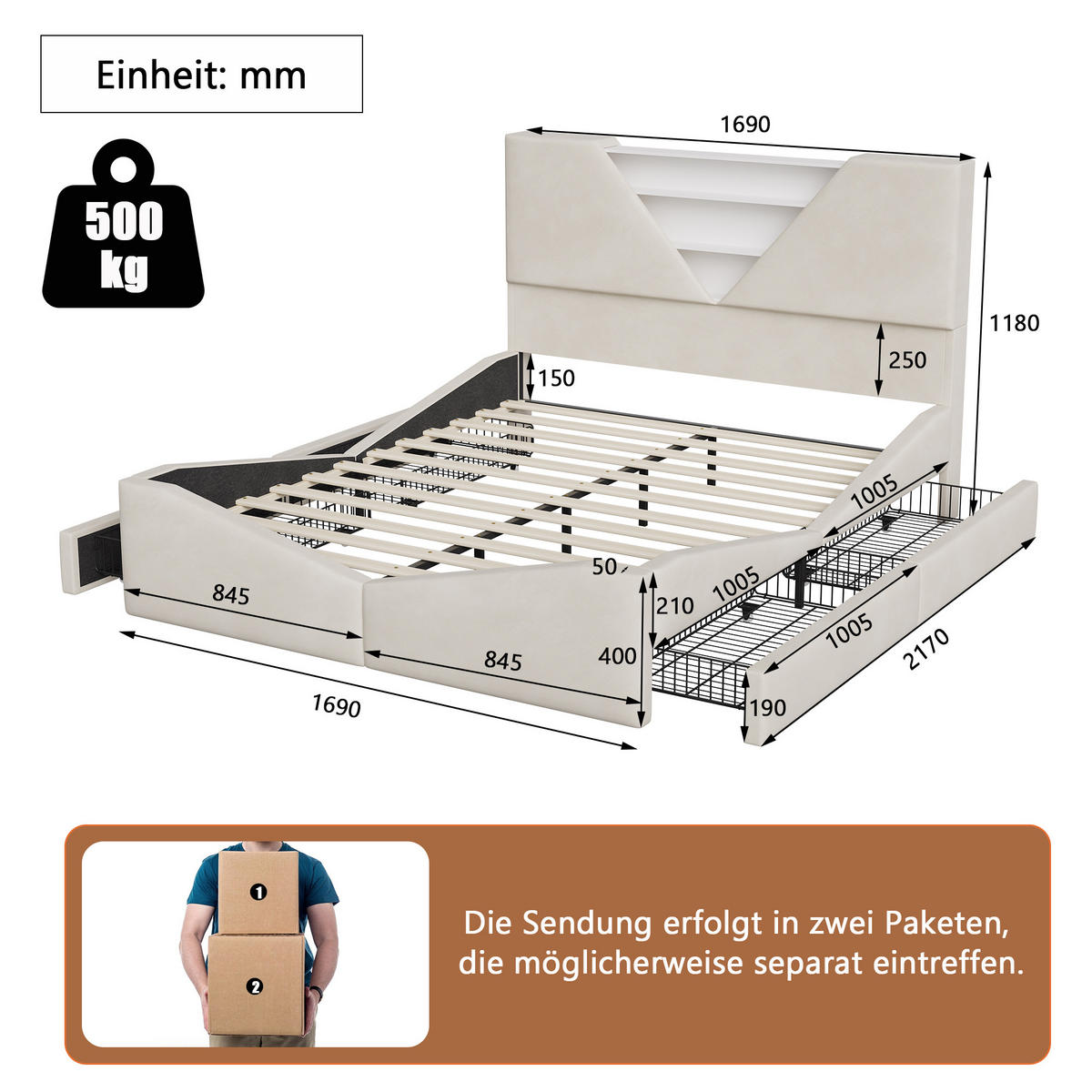 POLSTERBETT 160x200 cm mit 2 Schubladen, LED & USB, Doppelbett mit Kopfteil Stauraum, Beige - Beige, Metall (160/200cm) - EuroLiving