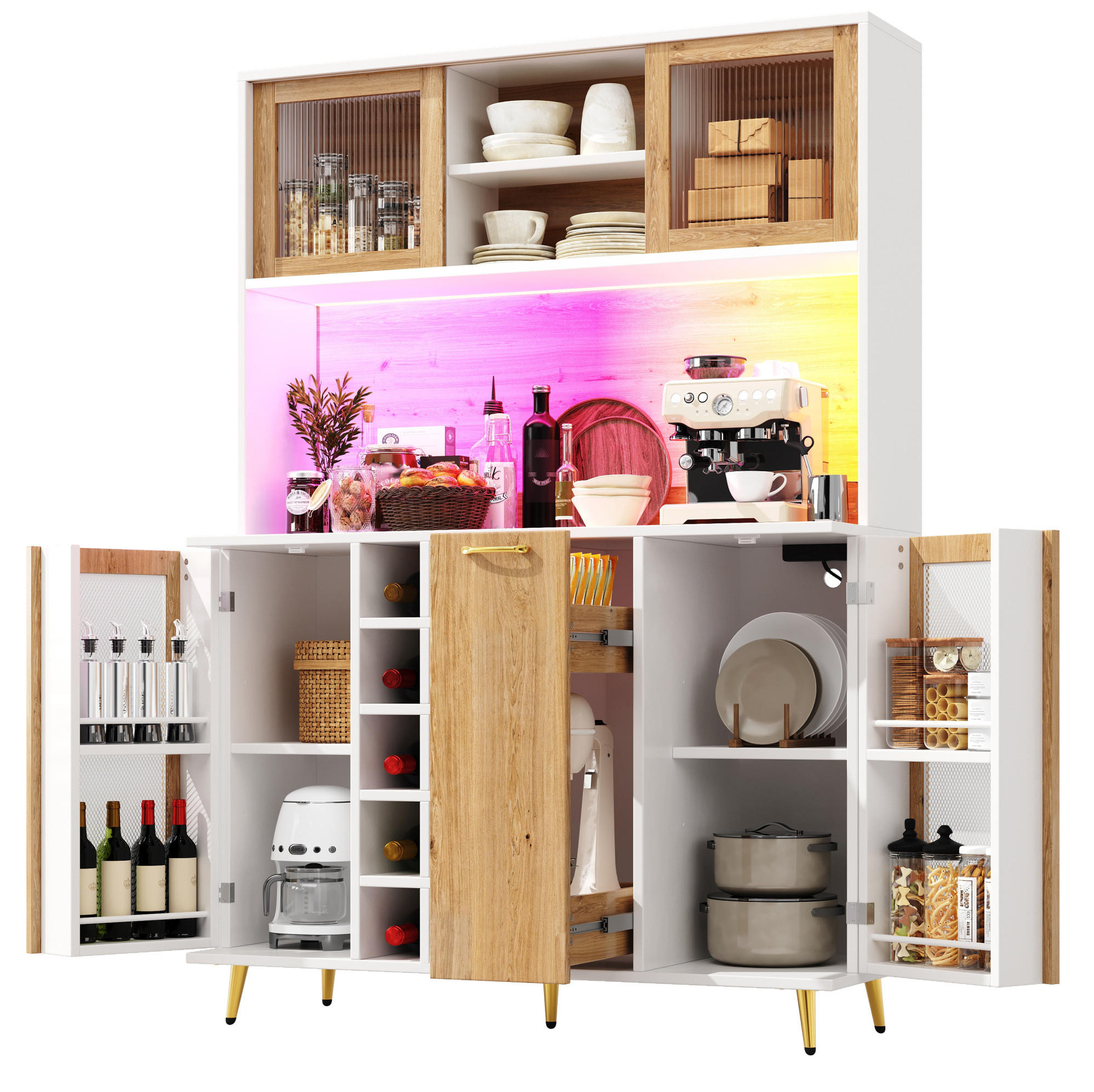 BUFFET 120/170/40 cm Weiß mit Holzdekor aus MDF mit LED-Beleuchtung - Weiß, Holzwerkstoff (40/180/120cm) - OKMYHOME