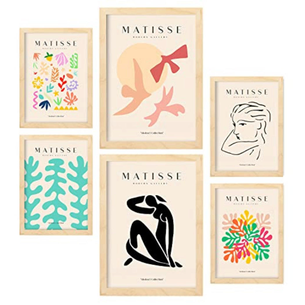POSTER Set Mit 6 Henri Matisse Freiheit Drucke Des Fauvismus Und Der Abstrakten Kunst Für Innenarchitektur A3 & A4 Rahmen Aus Hellem Holz - Beige, Papier (29/3cm) - Nacnic