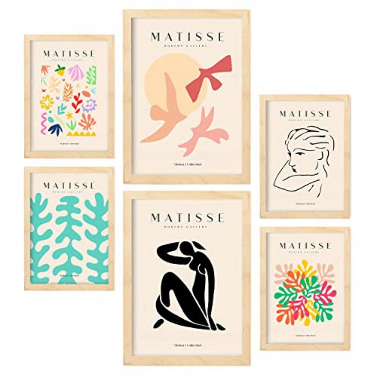 POSTER Set Mit 6 Henri Matisse Freiheit Drucke Des Fauvismus Und Der Abstrakten Kunst Für Innenarchitektur A3 & A4 Rahmen Aus Hellem Holz - Beige, Papier (29/3cm) - Nacnic