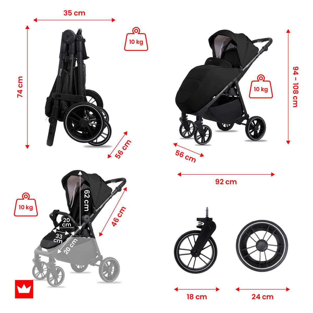 BUGGY Rolle, Klein und Leicht, Teleskopische Führung, Kompakt Faltbar, Wickeltasche, Reisetasche - Schwarz, Textil/Metall (58/99cm) - BabyLux