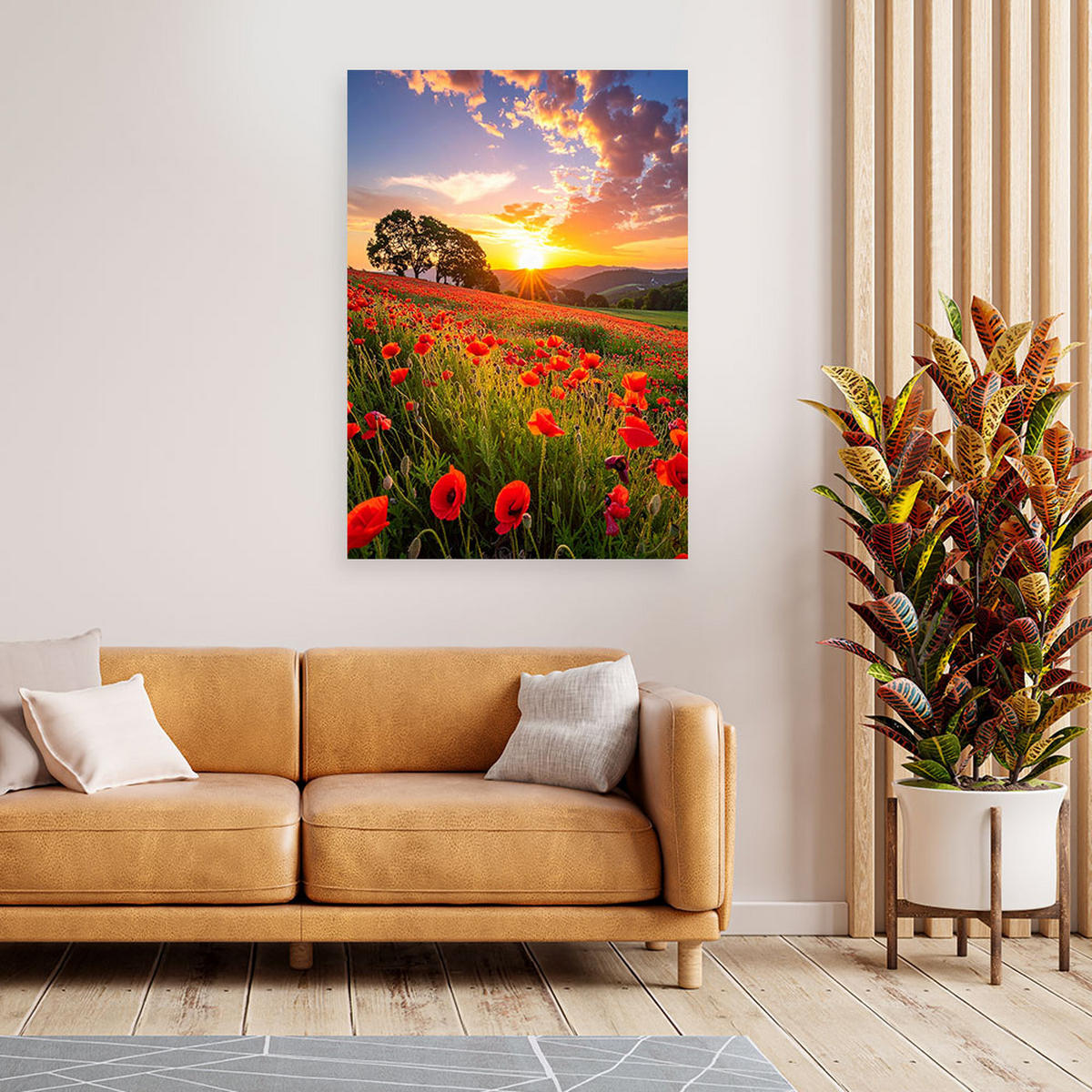 LEINWANDBILD Mohnfeld Blumen Sonnenuntergang 80x120cm - Multicolor, Textil (80/120cm) - Feeby