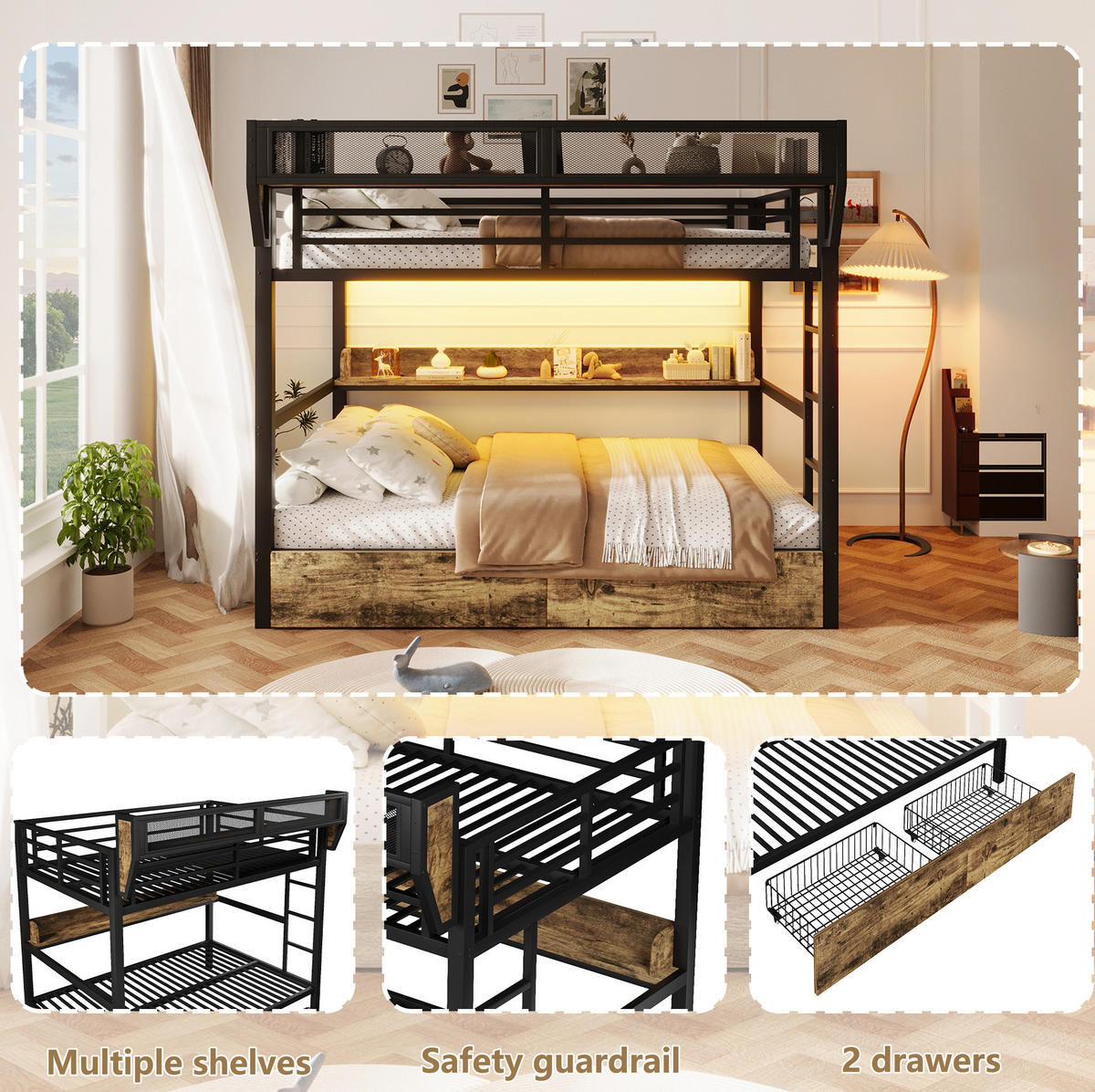 ETAGENBETT 140/200 cm aus MDF und Metall mit LED-Licht, Schwarz - Schwarz, Metall (140/200cm) - OKMYHOME