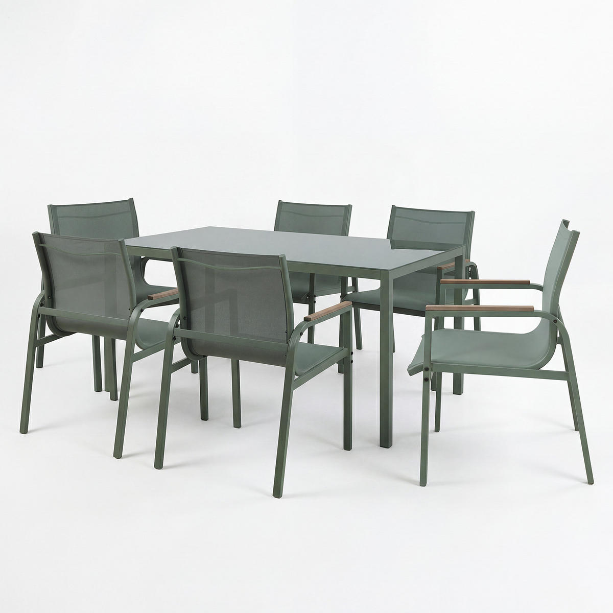 GARTENESSGRUPPE - 7-teilig - Stahl / Glas / Olefin - Salbeigrün, Glas/Textil - home24