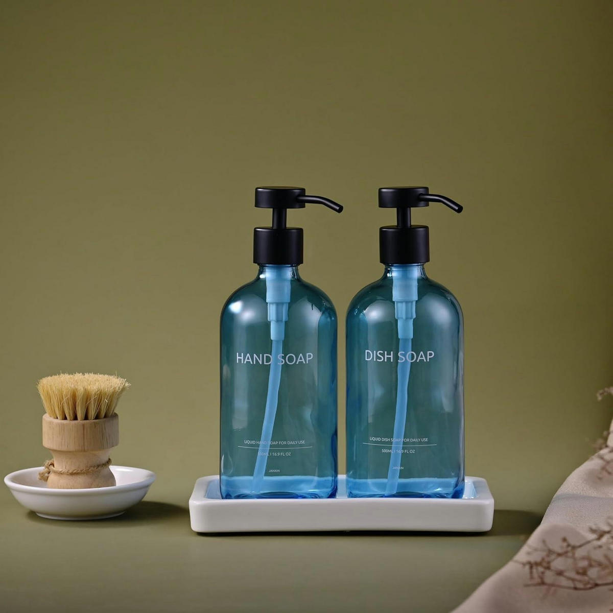 SEIFENSPENDER 2-teiliges Set Glas Blau 500 ml mit Tablett - Blau, Glas (7.6/20.8/7.6cm)