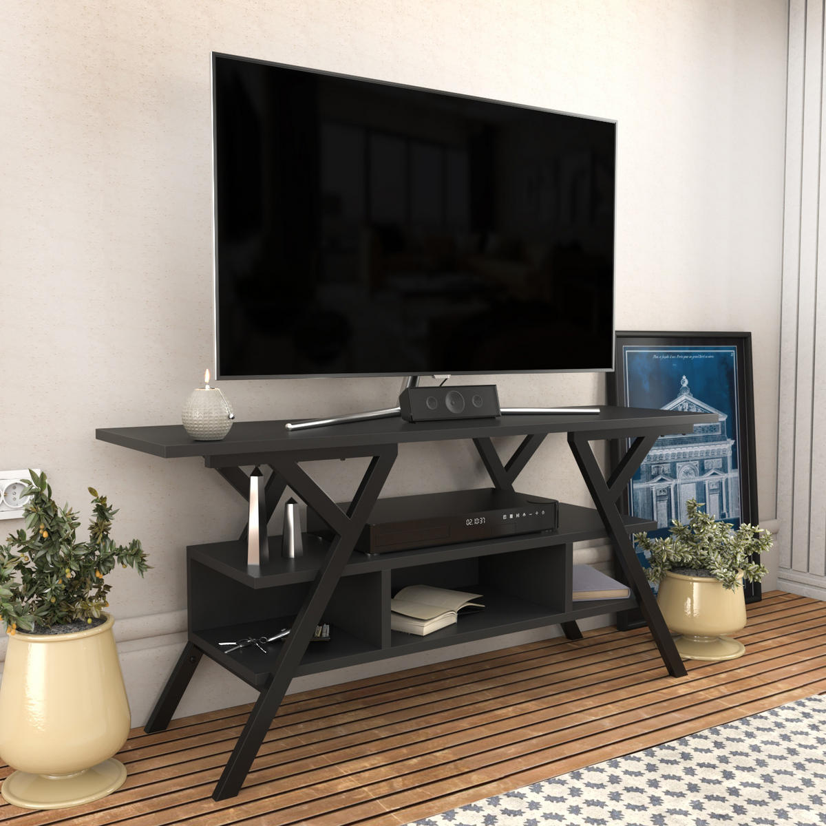 TV Stand Minerva Schwarz Anthrazit - Anthrazit/Schwarz, Holzwerkstoff (120/55/35cm) - Decorotika