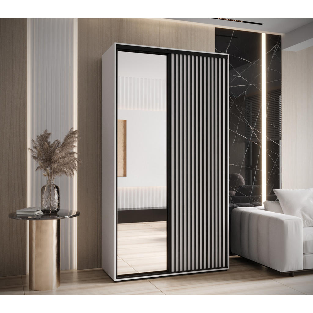 Thumbnail - Abiks Möbel Schwebetürenschrank, Weiß, Weiß, Schwarz, Metall, Nachbildung, 6 Fächer, 140x205.2x60 cm, Schlafzimmer, Klei...