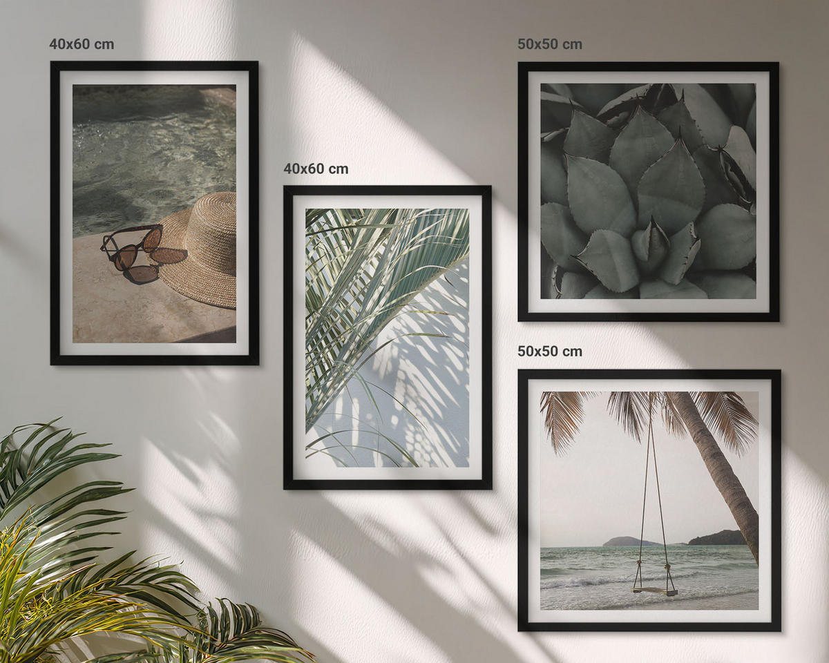 WANDBILDER 4er-Set - 50x50 cm & 40x60 cm Schwarzer Rahmen - Tropische Pflanzen für den Urlaub - Schwarz, Kunststoff (50/50cm) - ArtPrintCave