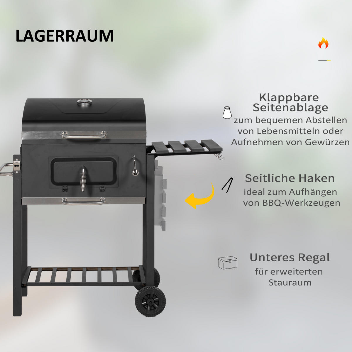HOLZKOHLEGRILL - Schwarz, Metall (65/108/113cm) - Outsunny