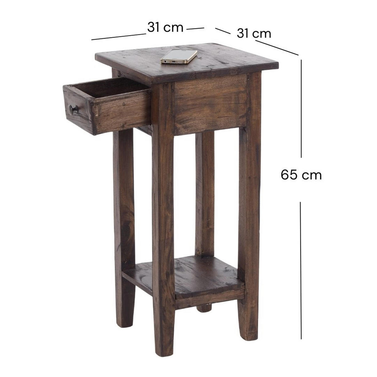 TELEFONTISCH DRAWER 65 Mahagoni Recyclingholz, mit Schublade 03 dunkelbraun - Dunkelbraun, Holz (31/31/65cm) - DESIGN DELIGHTS