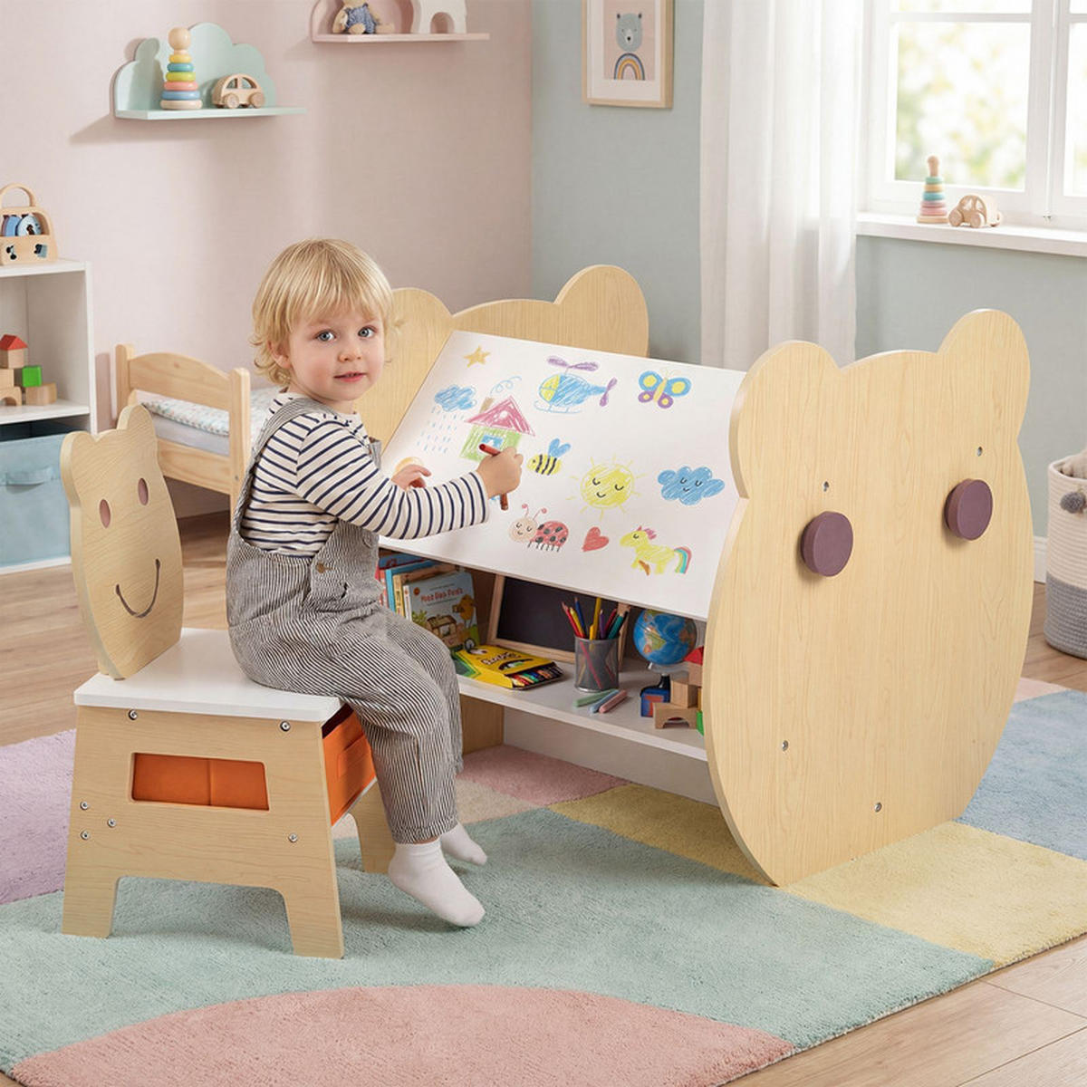 KINDERTISCH mit stuhl natur(2-tlg) - Naturfarben, Holzwerkstoff (59.5/60/60cm) - COSTWAY