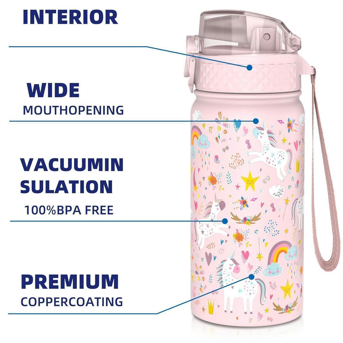 TRINKFLASCHE Kinder 420ml Edelstahl mit Strohhalm und auslaufsicherem Deckel Rosa Einhorn - Rosa, Metall (7.5/7.5cm)