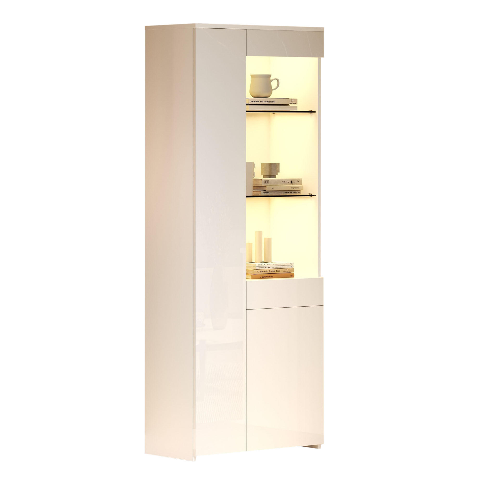 BUFFET 70/35/180 cm Vitrine mit Glasfächern & LED App-Steuerung, Hochglanz, Spanplatte, moderner Stauraum - Weiß, Holzwerkstoff (70/180/35cm) - EVRYAE