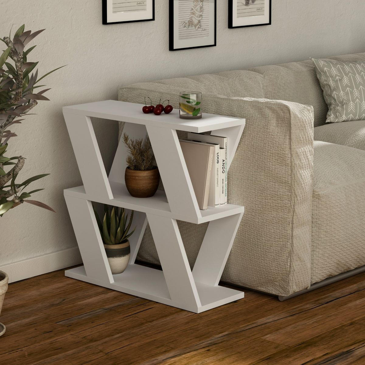 BEISTELLTISCH mit 3 Tabletts L60 cm - Lazena - Weiß, Holzwerkstoff (14/22/57cm) - Calicosy