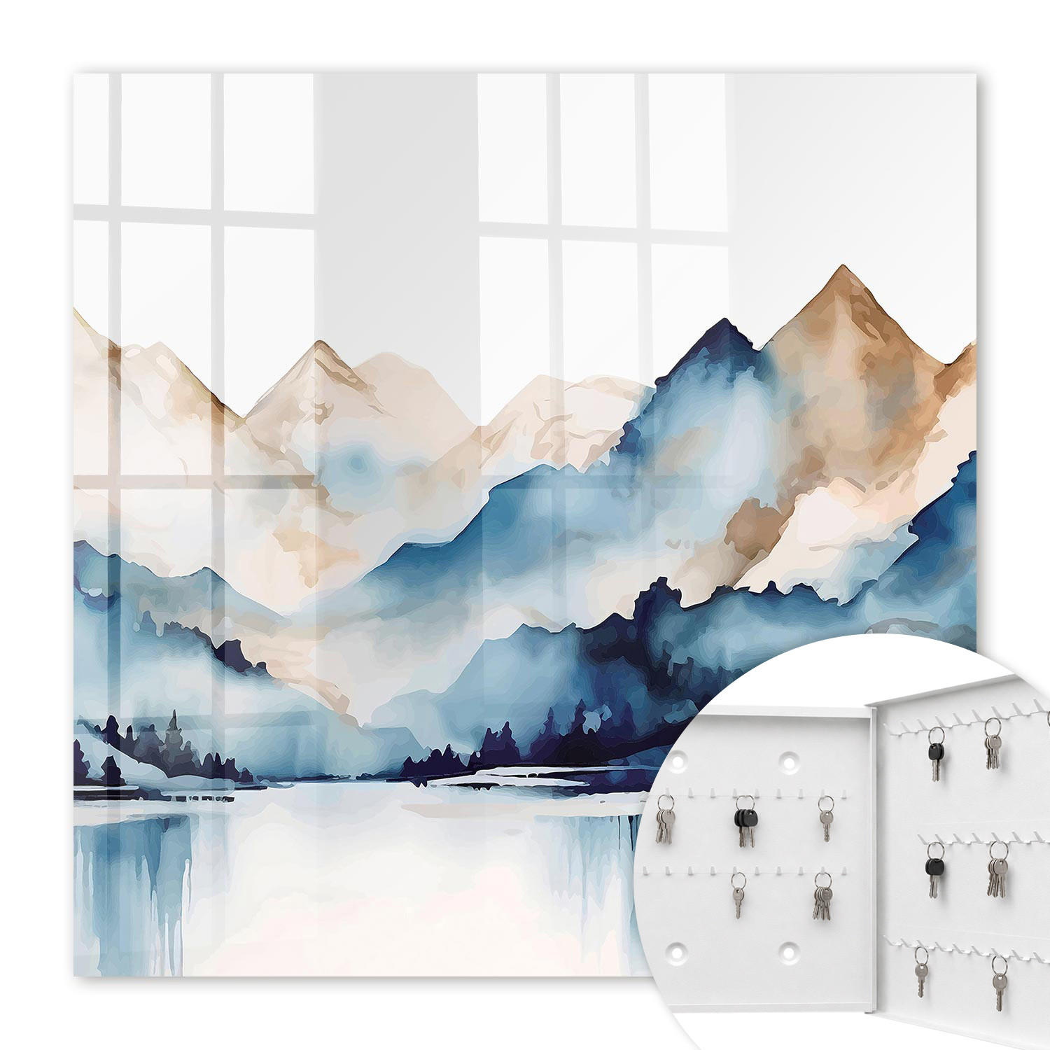 SCHLÜSSELBOX Weiß 30x30 cm – Türöffnung nach rechts - Aquarellberge - Blau, Metall (30/30/5cm) - TULUP