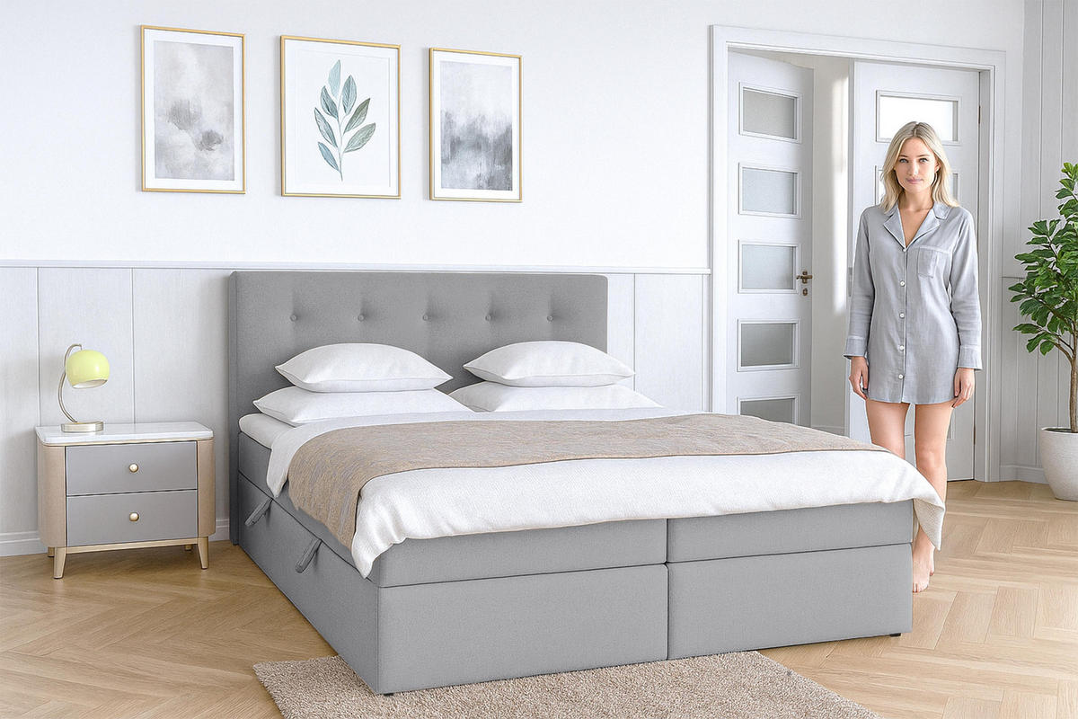 BOXBETT BAUNEI 160x200 cm mit Bettkasten und Matratze - Grau - Schwarz/Grau, Holz/Holzwerkstoff (160/200cm) - AX Living