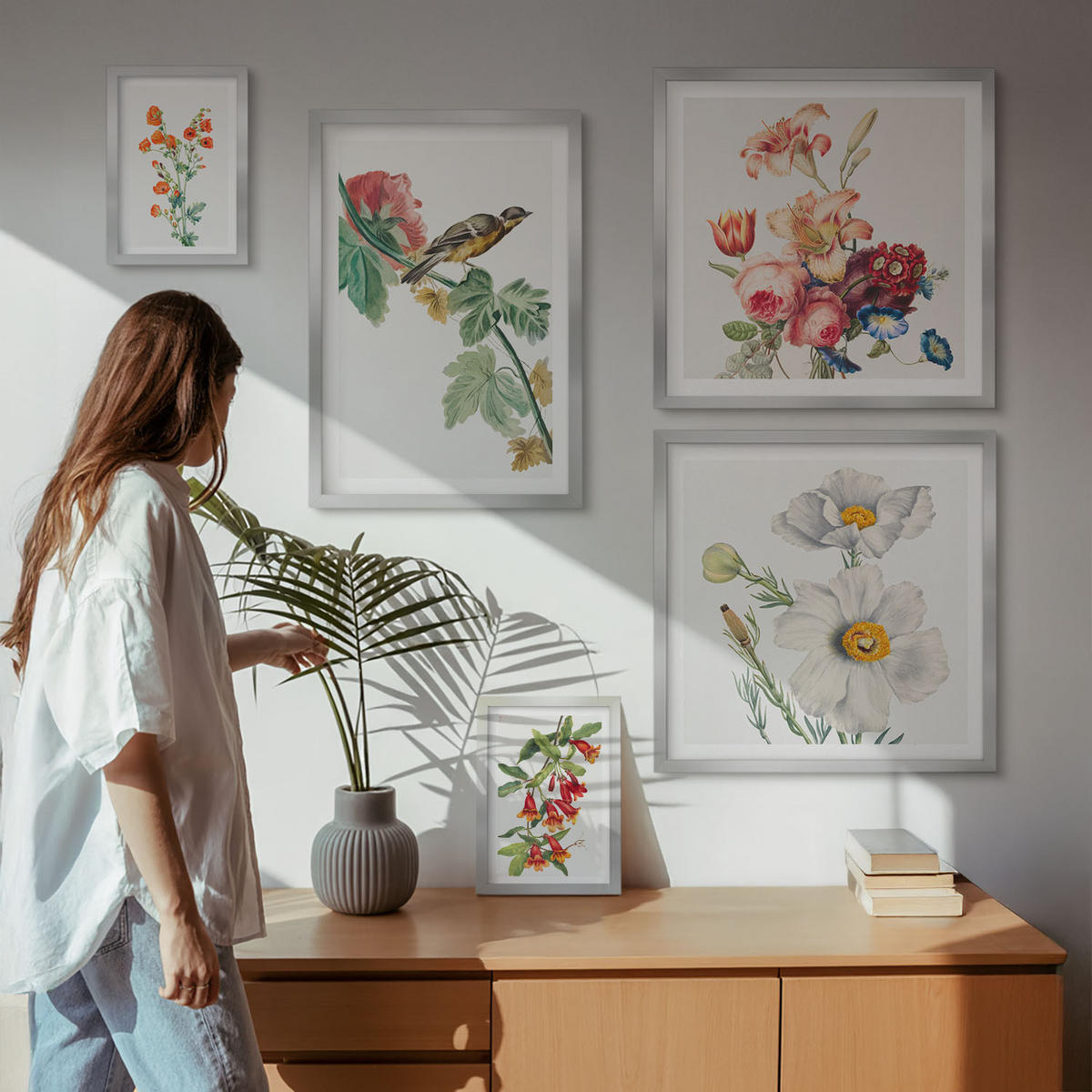 BILDER SET 5er Set - 50x50 cm & 20x30 cm & 40x60 cm Silberner Rahmen - Gemalte Blumen, Retro-Vogel - Silberfarben, Kunststoff (40/60cm) - TULUP