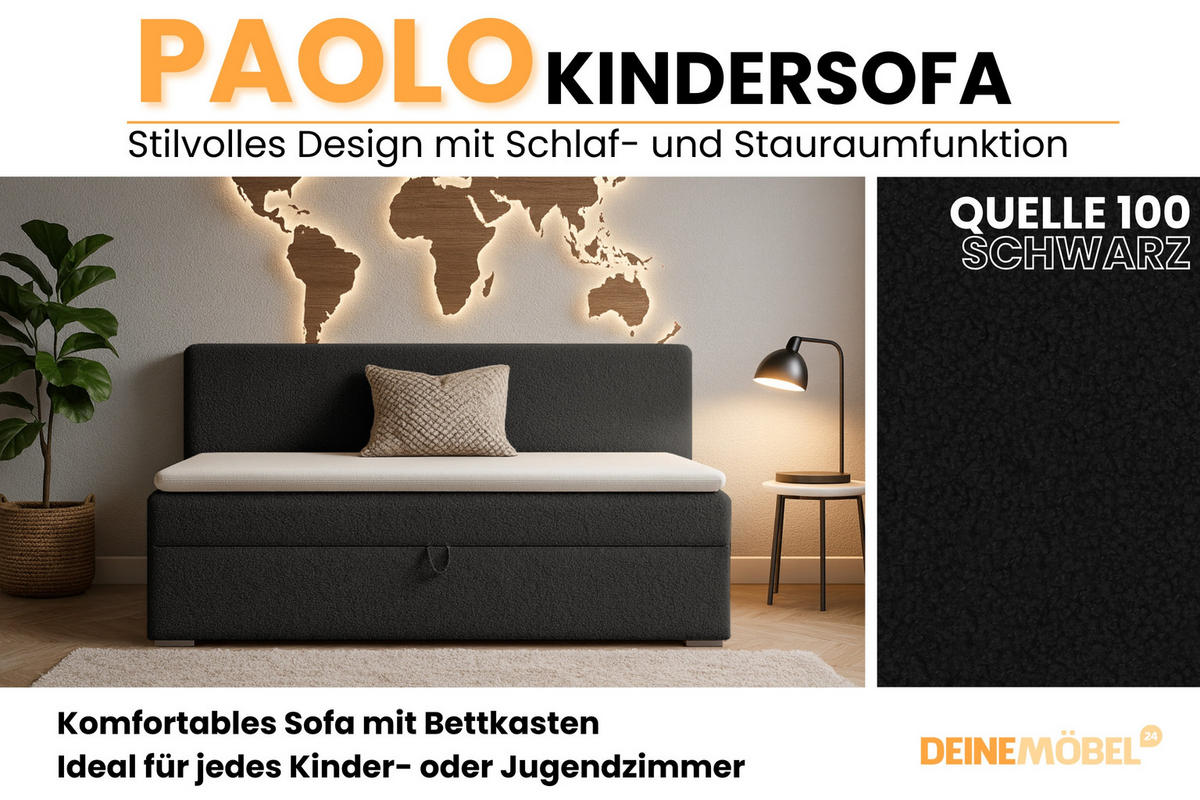 BOXBETT PAOLO 90/200 Boucle Schwarz mit Taschen-Federkernmatratze H4 - Schwarz, Holz/Holzwerkstoff (90/200cm) - Deine Möbel 24