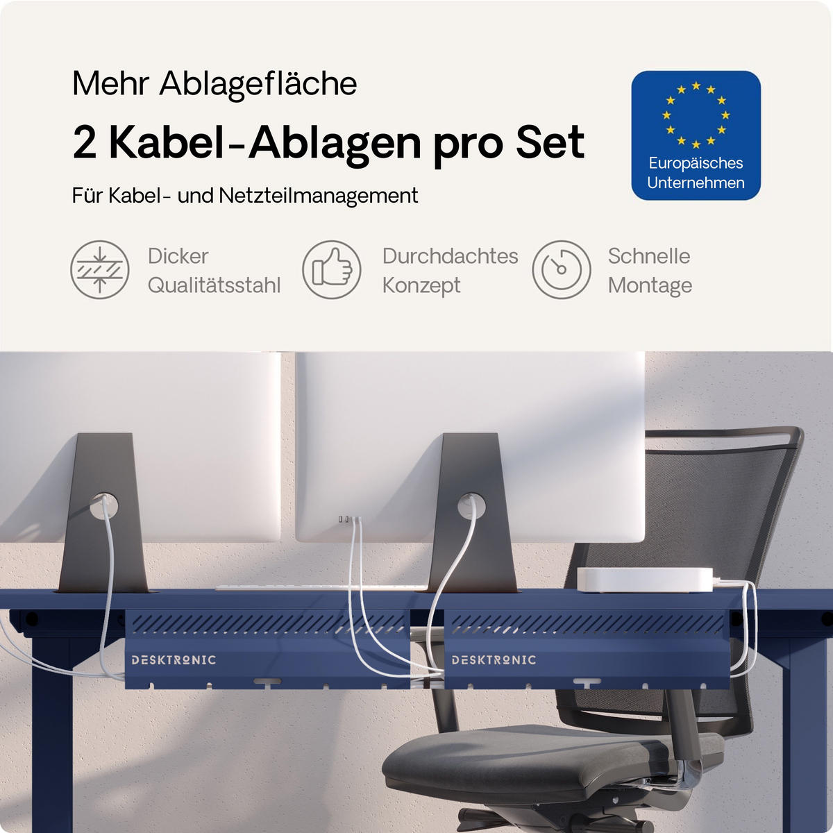 KABELKANAL Schreibtisch Blau, 2x43cm, Hochwertiger Stahl - Blau, Metall (43/12/10cm) - Desktronic