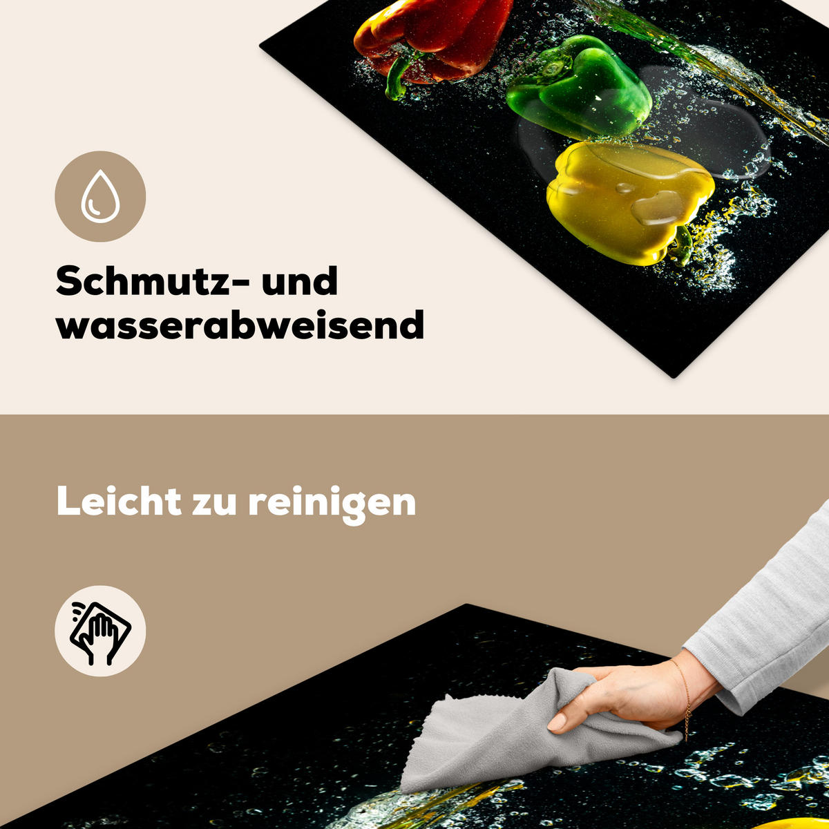 HERDABDECKPLATTE Paprika - Gemüse - Wasser - Schwarz - Rot - Grün - Gelb Herdabdeckung Induktionsfeld 75x52 cm - Multicolor, Kunststoff (75/52/0.2cm) - MuchoWow
