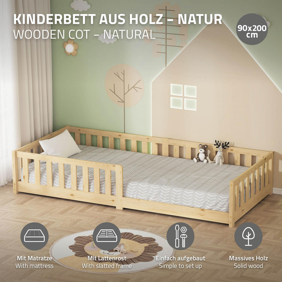 KINDERBETT 90x200 cm Natur mit Matratze H:16 cm - Naturfarben, Kunststoff (90/200cm) - ML-DESIGN