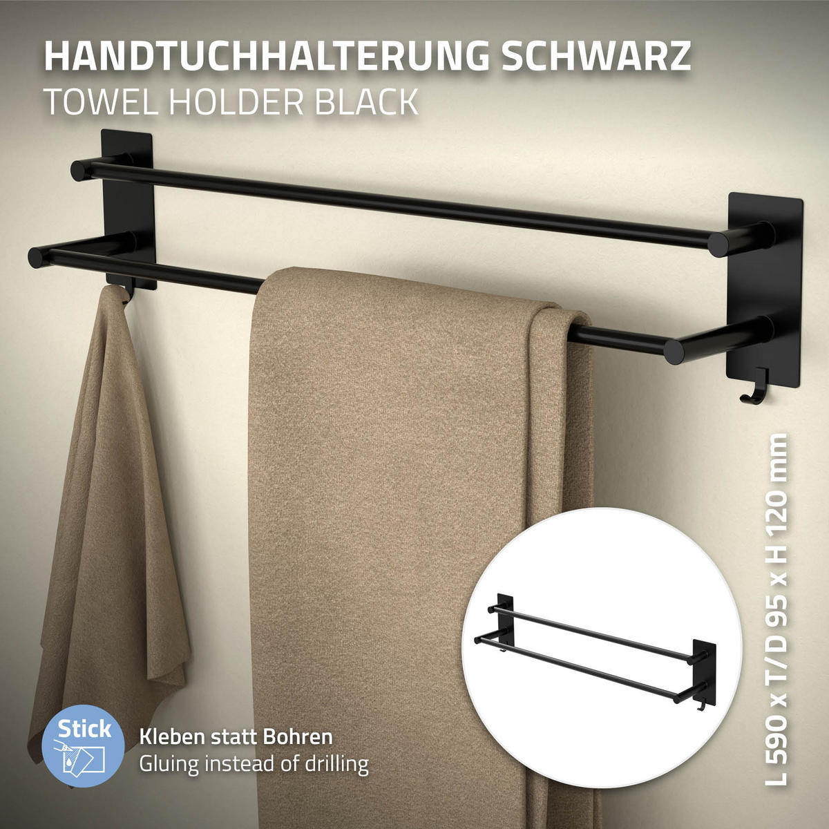HANDTUCHHALTER ohne Bohren 60cm - Schwarz, Metall (9.5/12/63cm) - ML-DESIGN