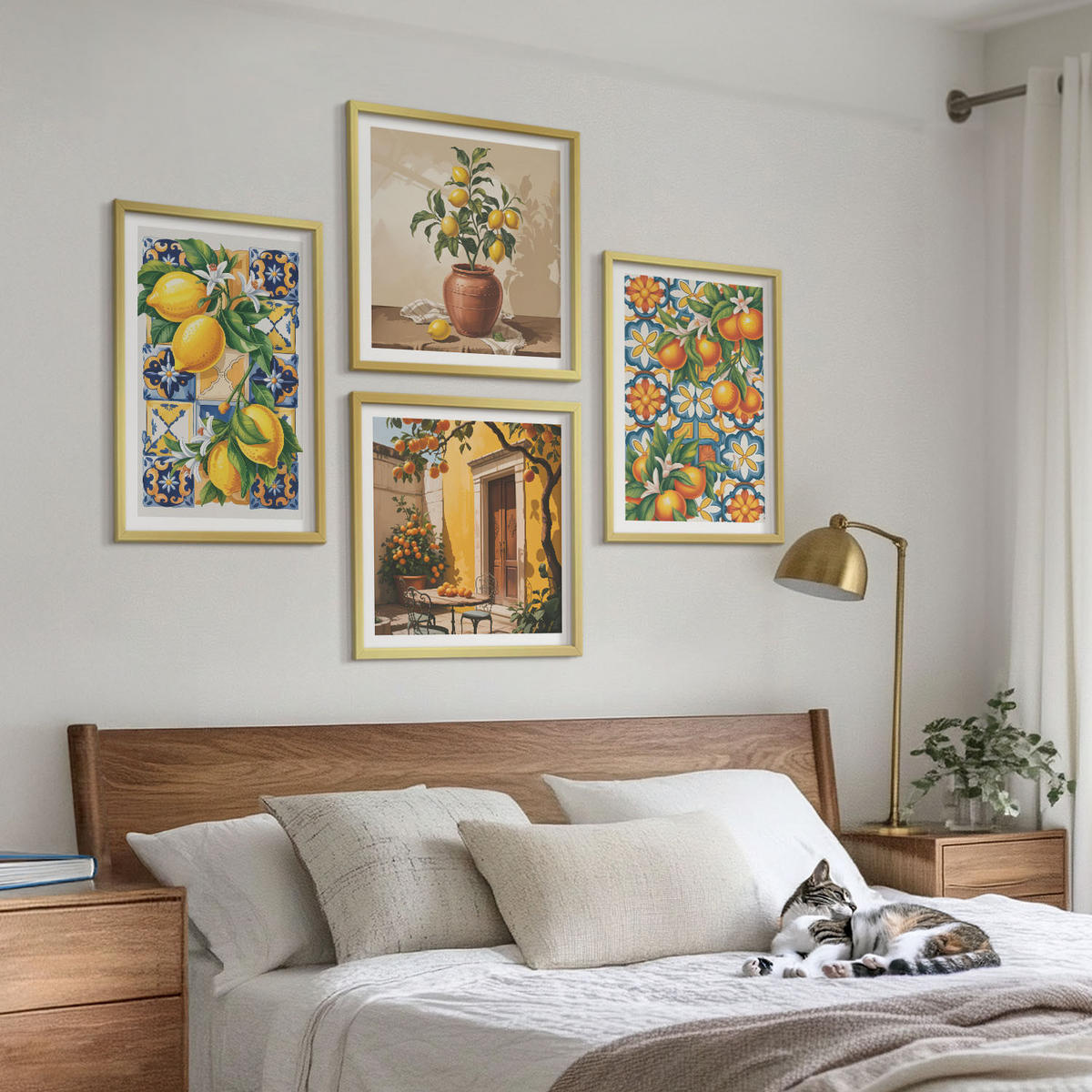 WANDBILDER 4er Set - 50x50 cm & 40x60 cm Goldrahmen - Zitronenorange Blütenmuster - Goldfarben, Kunststoff (50/50cm) - ArtPrintCave
