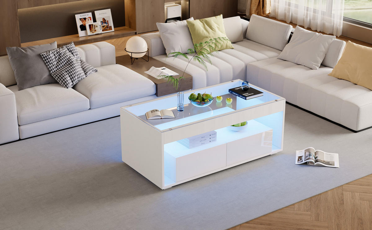 COUCHTISCH, Hochglanz Weiß mit 2 Schubladen, LED-App-gesteuert, gehärtetes Glas, 100/50/40 cm,Weiß - Weiß, Holzwerkstoff (100/50/40cm) - Redom