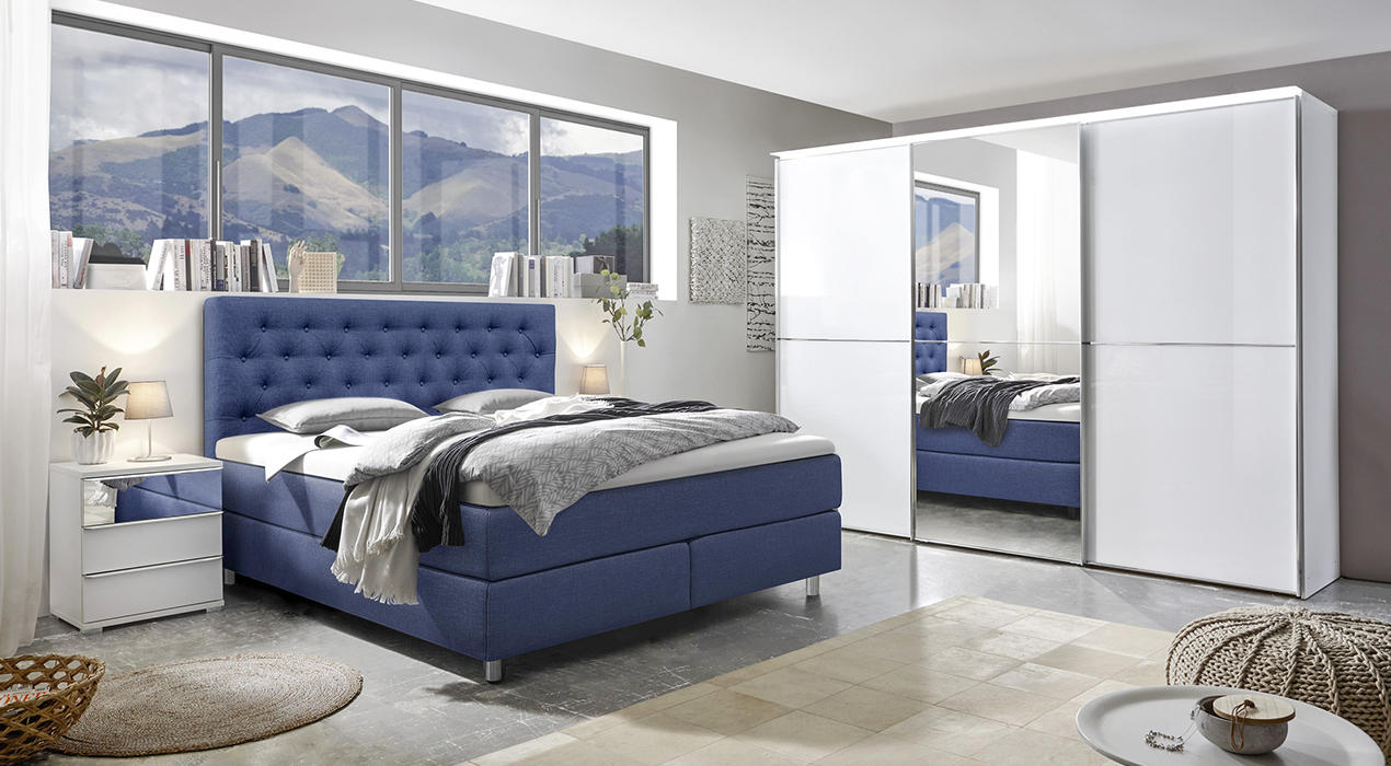Boxspringbett Webstoff inkl. Matratze, Topper blau von Elegando