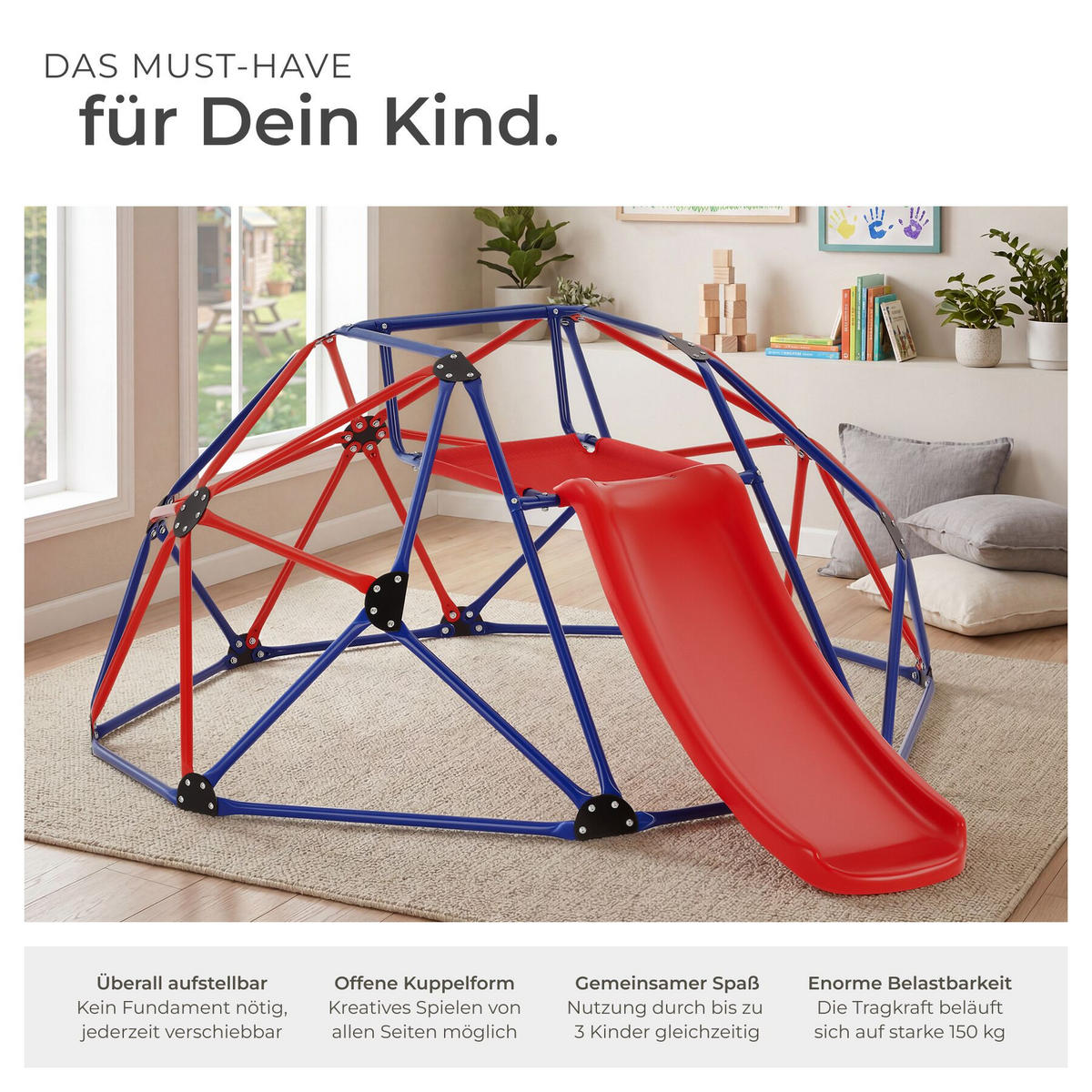 KLETTERGERÜST mit Rutsche Freeclimber, ab 3 Jahren, inklusive 4 Heringe, rot/blau - Rot, Kunststoff (185/90/243cm) - tectake