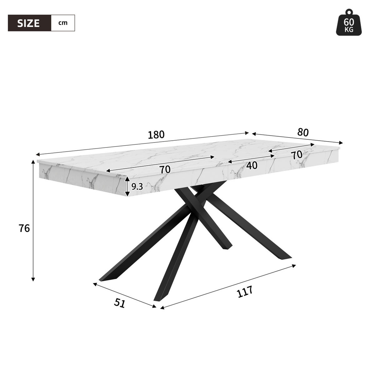 ROZKLÁDACÍ jídelní stůl 140–180/80 cm bílý z MDF pro 6–8 osob - bílá, kompozitní dřevo (180/80/76cm) - OKWISH