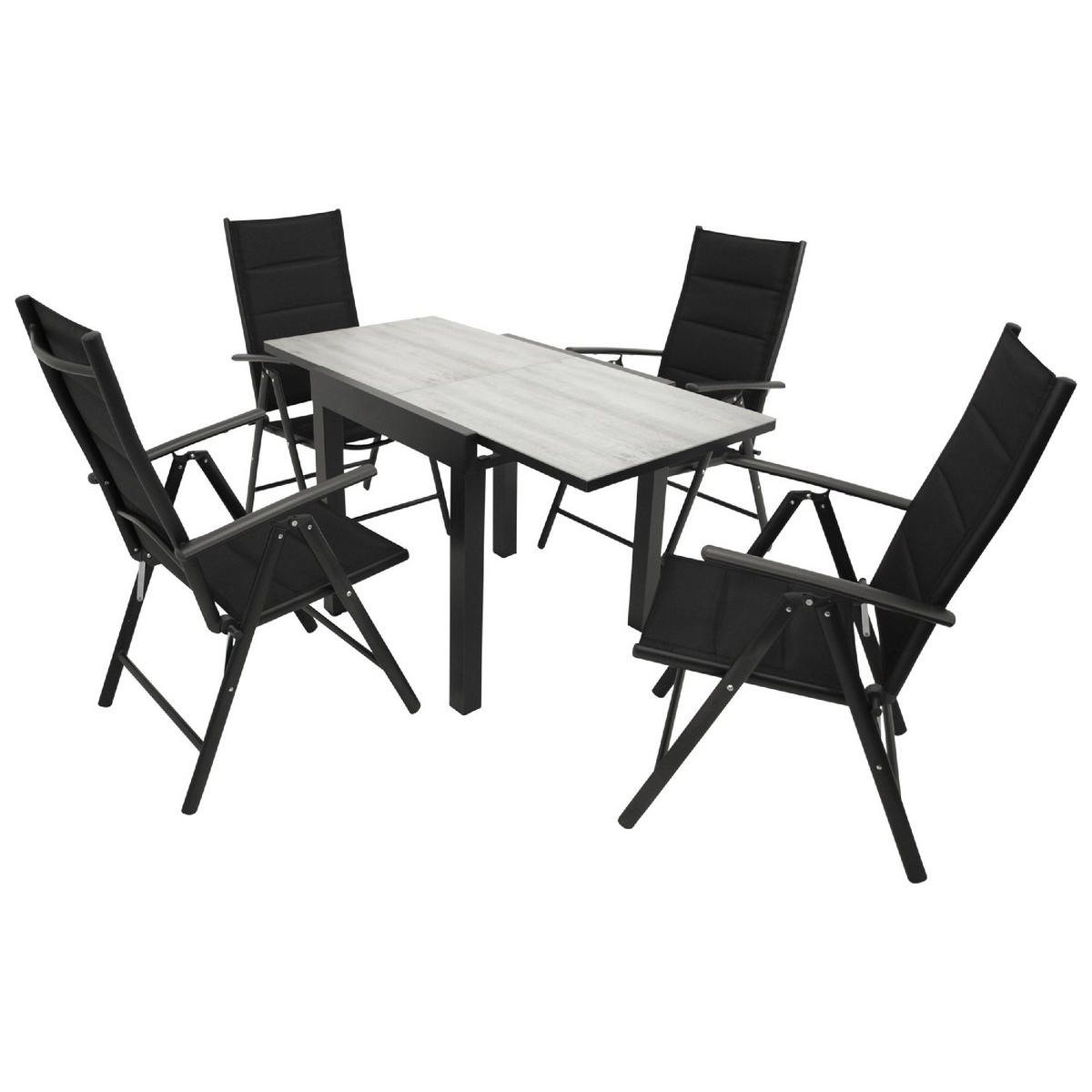 GARTENGARNITUR Ashford - 5-teilig (4x Klappsessel, Aluminium dunkelgrau + Textilgewebe gepolstert schwarz) - Schwarz, Metall - TPFGarden