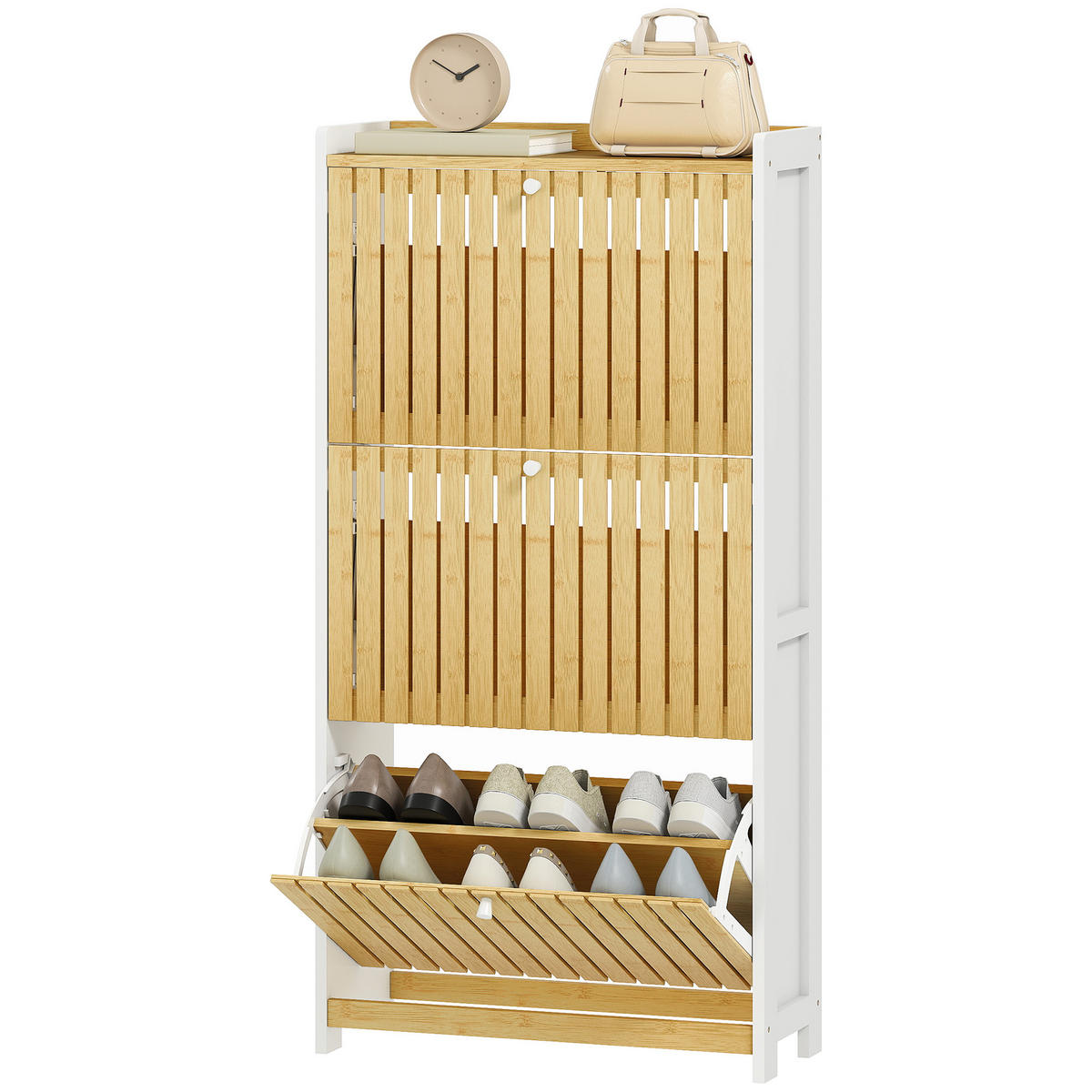 SCHUHSCHRANK Weiß und Natur MDF und Bambus klappbar mit 3 Fächern 1 Stück - Multicolor, Holz (60/118/24cm) - PANGIVO