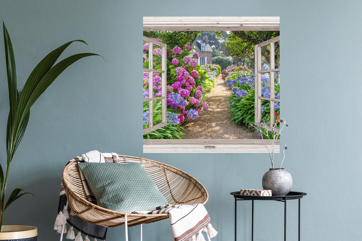 WANDTATTOO Hortensie - Fensterblick - Blumen - Sommer - Lila - Weg 50x50 cm - Lila, Kunststoff (50/50/0.1cm) - MuchoWow
