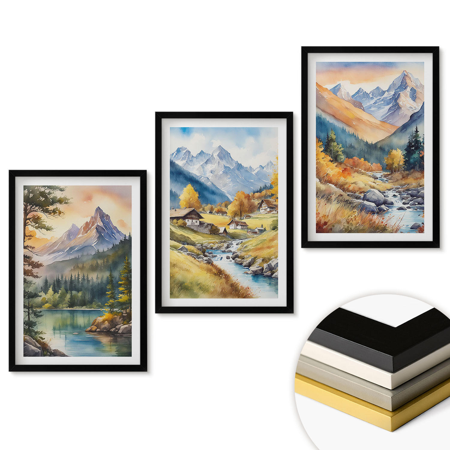 WANDBILDER 3er-Set - 40x60 cm Schwarzer Rahmen - Berglandschaft mit einem Fluss - Schwarz, Kunststoff (40/60cm) - ArtPrintCave