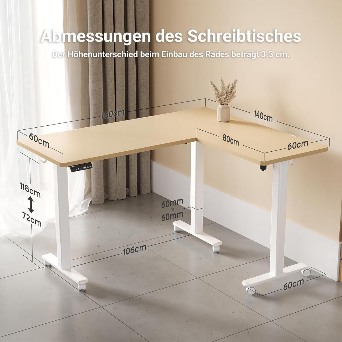 ECKSCHREIBTISCH höhenverstellbar 160x140cm beige mit Dual-Motor - Beige, Holzwerkstoff (160/140/118cm)