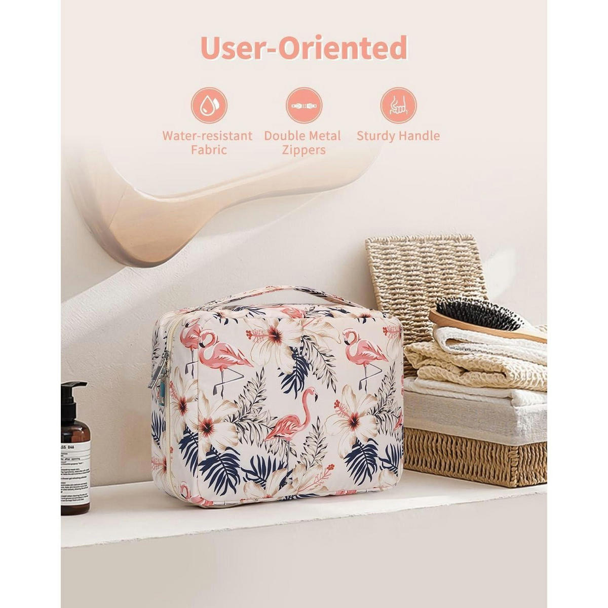 KULTURTASCHE mit Haken Beige Flamingo - Multicolor, Textil (5/1/5cm)