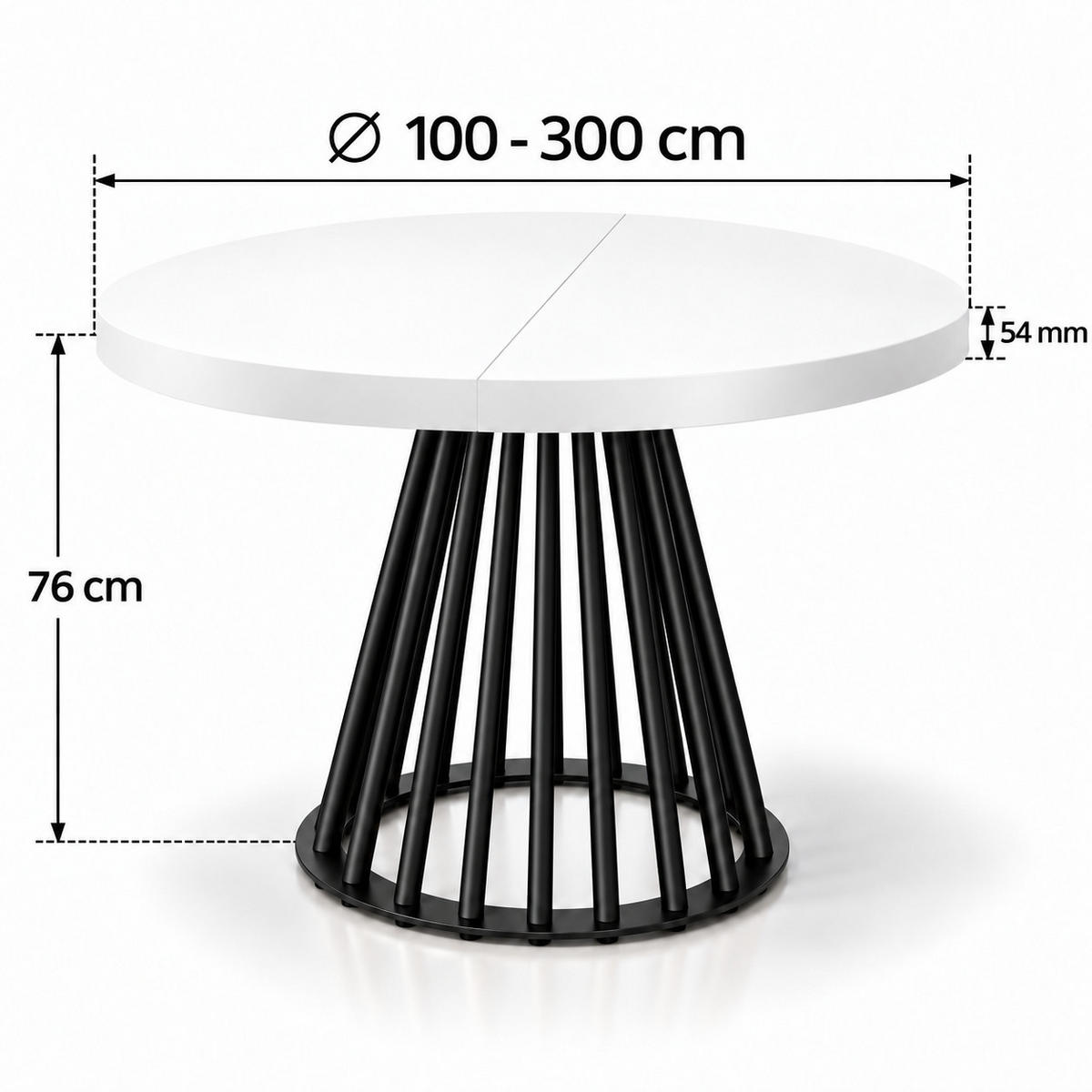 ESSTISCH rund ausziehbar 100/300/76 cm, Weiß, 54 cm Tischplatte + Lamellen-Metallgestell Schwarz - Schwarz/Weiß, Holzwerkstoff/Metall (100/300/76cm) - Damale Möbel