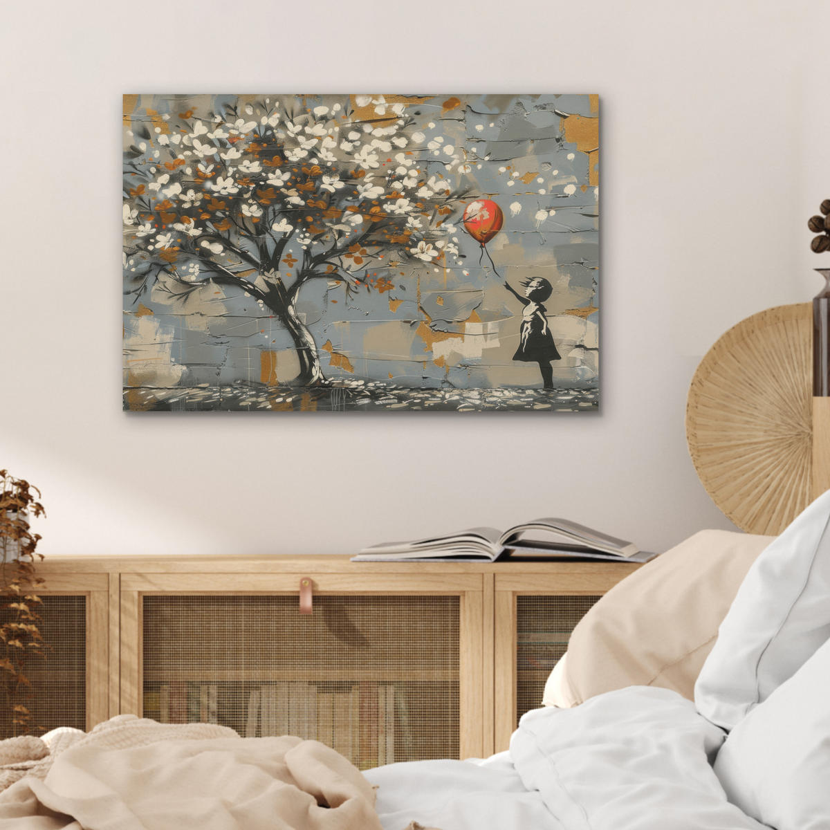 AKUSTIKBILD Baum - Graffiti - Banksy-Stil - Ballon-Mädchen Wanddeko 70x50 cm - Blaugrau, Kunststoff (70/50/0.9cm) - MuchoWow