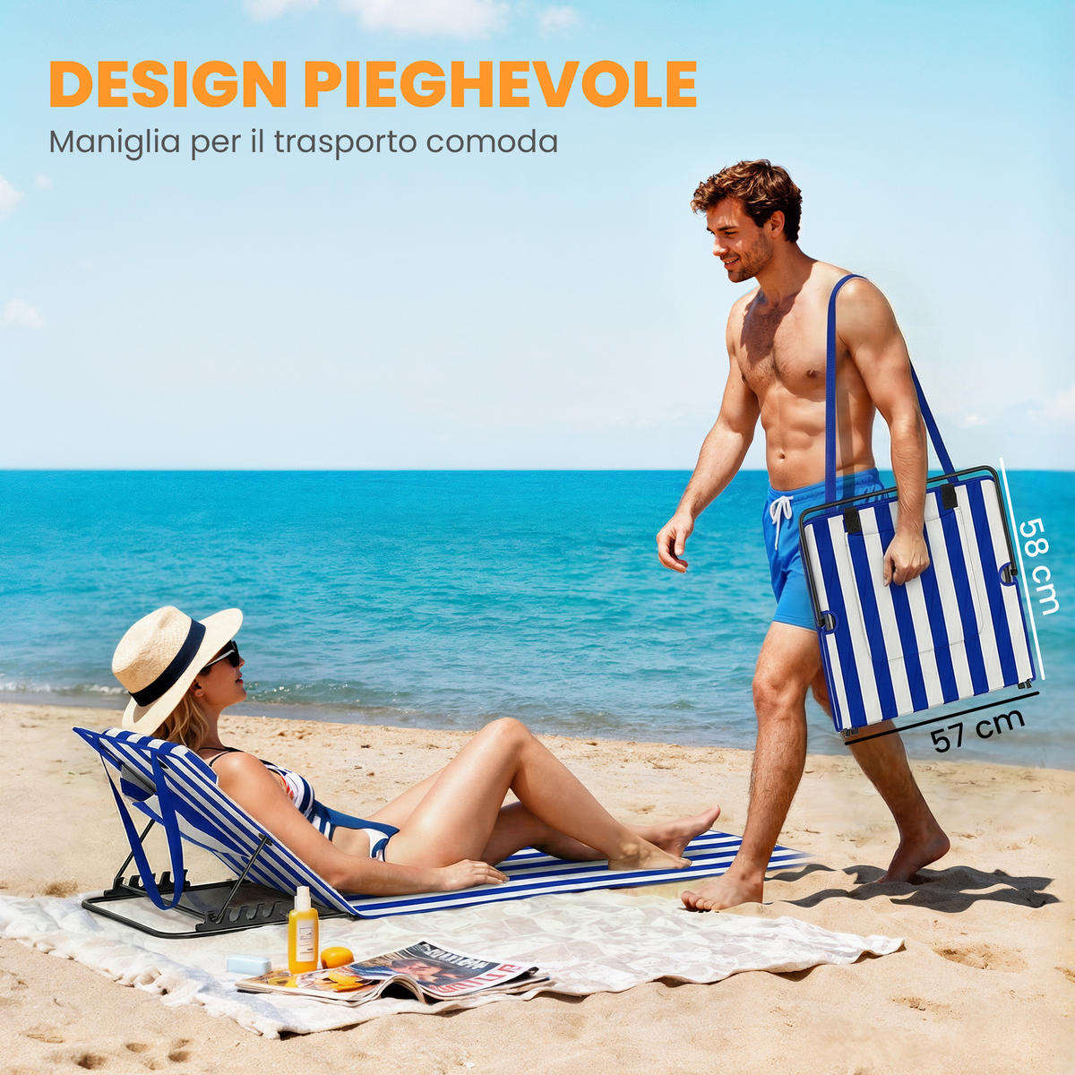 STRANDMATRATZE, 2er-Set, Azul y Blanco, 4-fach verstellbare Rückenlehne, 154 x 57 x 52 cm - Weiß, Metall (154/52/57cm) - Vallsero