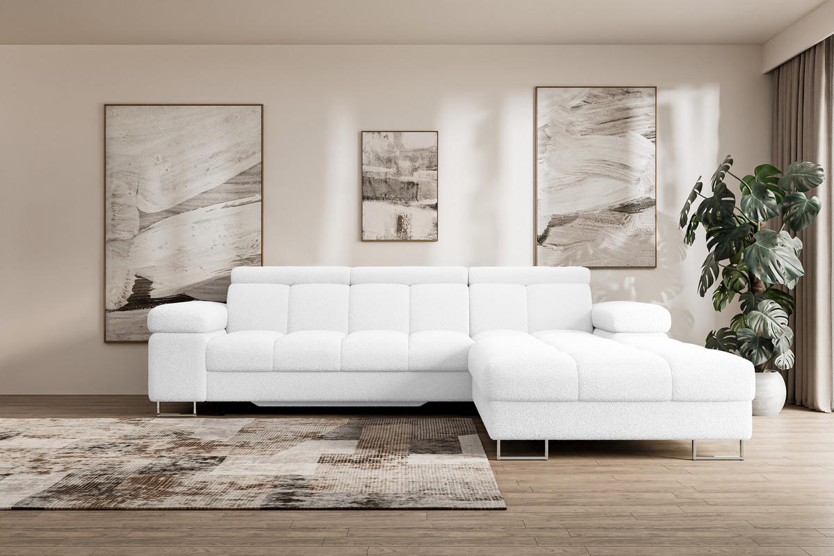 ECKSOFA mit Schlaffunktion Ottomane Rechts COMA L 271x203x79 Weiß Bouclé - Weiß, Holzwerkstoff/Textil (203/271cm) - ALTDECOR